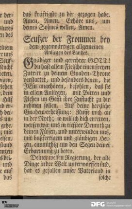 Seufzer der Frommen bey dem gegenwärtigen allgemeinen Anliegen des Landes.