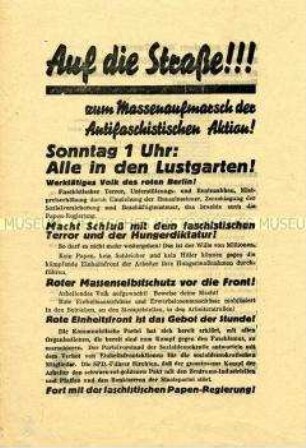 Propagandaflugblatt der KPD zur Reichstagswahl am 31. Juli 1932 mit einem Aufruf zu einer Kundgebung der Antifaschistischen Aktion im Berliner Lustgarten