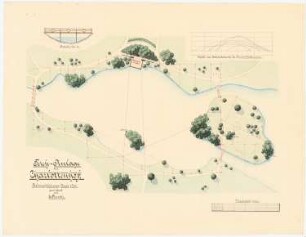 Feldmess- und Zeichenübung an der Teichanlage in Charlottenhof, Potsdam: Grundriss eines Teichbereiches mit Insel und Maschinenhaus, 1:400, Detail: Brücke, Höhenprofil der Insel, Maßstabsleiste