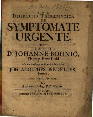 Disputatio Therapevtica De Symptomate Urgente