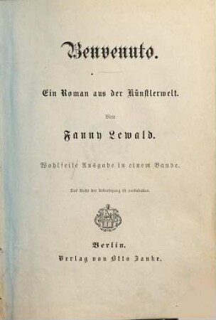 Benvenuto : Ein Roman aus d. Künstlerwelt, 1