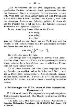 c) Ausführungen von E. Salkowski über isometrische Kurvenpaare