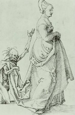Frau mit Tod als Schleppenträger