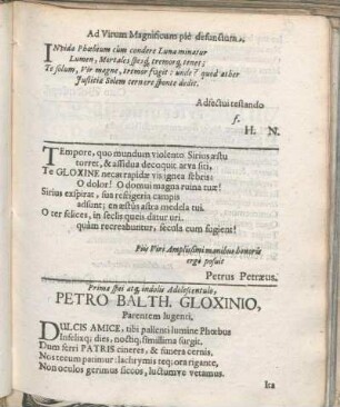 Primæ spei atq. indolis Adolescentulo Petro Balth. Gloxinio, Parentem lugenti.