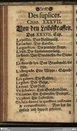 Des suplices. Chap. XXXVII. Von den Leibsstraffen. Das XXXVII. Cap.