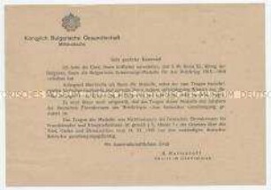 Anschreiben des bulgarischen Militärattaché zur Verleihung der Bulgarischen Erinnerungs-Medaille für den Weltkrieg 1915-1918