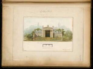 Erbbegräbnis Monatskonkurrenz Dezember 1868: Grundrisse (Skizze), Aufriss Vorderansicht; 2 Maßstabsleisten