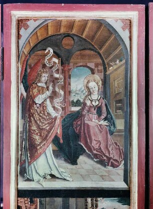 Flügelaltar Ponickau. Zweite Schauseite, Innerer linker Altarflügel, Oberes Bildfeld - Die Verkündigung : Flügelaltar. 1. Wandlung. Detail: Verkündigung.(Malerei Pancratius Grueber) Kirche Ponickau
