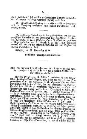 Aufnahme der Ehefrauen der Lehrer an höheren Unterrichts-Anstalten in die allgemeine Wittwen Verpflegungs-Anstalt : [II. Gymnasien und Realschulen]