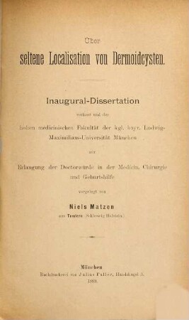 Über seltene Localisation von Dermoidcysten ...