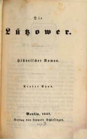Die Lützower : historischer Roman. 1