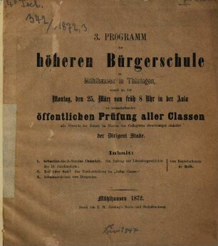 Programm, womit zu der ... abzuhaltenden öffentlichen Prüfung ... ergebenst einladet. 1872 = 3