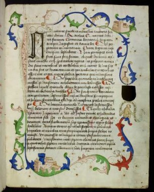 Initialzierseite (Bulla Aurea lat.): Akanthusranke, Burgen und Drôlerien