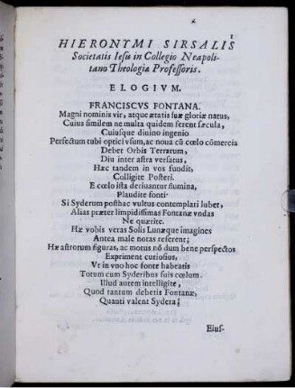 Hieronymi Sirsalis ... Elogivm. Franciscvs Fontana