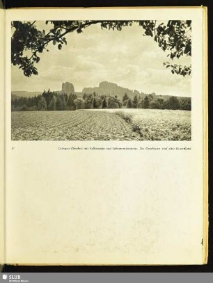 Ostrauer Ebenheit mit Falkenstein und Schrammsteinkette. Die Ebenheiten sind altes Bauernland