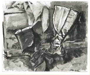 Damenstiefel : Schubert, Manfred : Damenstiefel, Öl / Hartfaser, 65 x 77 cm, 1977. Leningrad : Ausstellung "Dresden-Leningrad", 1980