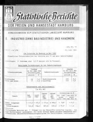 Die Industrie in Hamburg im Mai 1962 : Lfd. Nr. 14