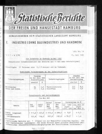 Die Industrie in Hamburg im Mai 1962 : Lfd. Nr. 14