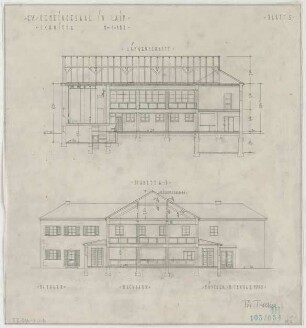 Fischer, Theodor; München - Laim; Ev. Kirche und Gemeindesaal - Schnitt, Längsschnitt