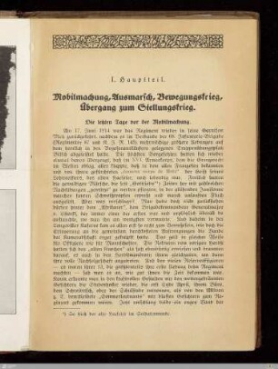 I. Mobilmachung, Ausmarsch, Bewegungskrieg, Übergang zum Stellungskrieg
