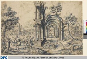 Landschaft mit antiken Ruinen und Schafhirten (Jacob und Rahel am Brunnen)