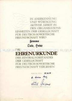 Ehrenurkunde des Zentralvorstandes der Gesellschaft für Deutsch-Sowjetische Freundschaft