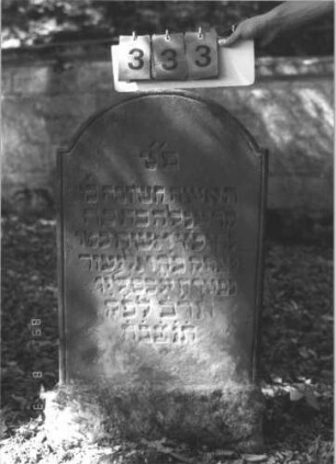 Grabstein 333 (Index: 99609970) Material: Sandstein Zustand: leicht verwittert Maße HxBxT: 85x53x10 cm Beschreibung: Stele, eingezogener Segmentbogenabschluß: Grabstein 333