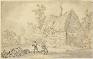 Bauernhütten, vorn Bauernfamilie, rechts Ziege