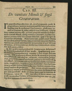 Cap. III. De vanitate Mundi & fuga Craturarum.