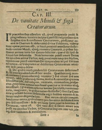 Cap. III. De vanitate Mundi & fuga Craturarum.