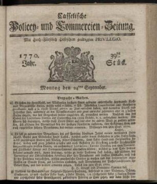 39tes Stueck, Montag den 24ten September. 1770