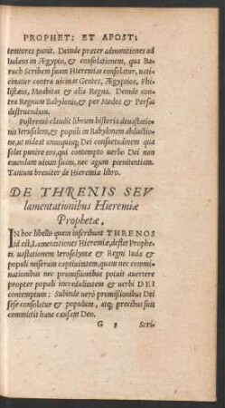 De Threnis Seu lamentationibus Hieremiae Prophetae.