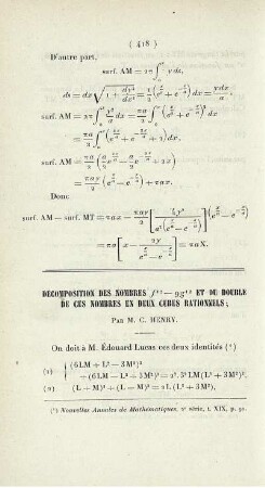 Décomposition des nombres ... et du double de ces nombres en deux cubes rationnels.