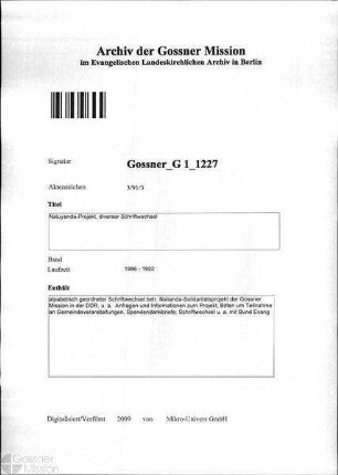 Naluyanda-Projekt, diverser Schriftwechsel