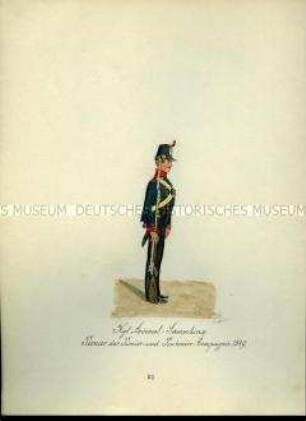 Uniformdarstellung, Pionier, 1849. Aus: Sammelmappe "Sachsens Militär", Königliche Arsenalsammlung.