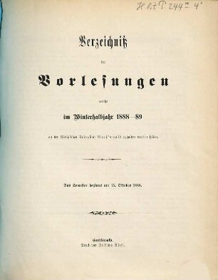 Verzeichnis der Vorlesungen der Universität zu Greifswald. 1888/89 WH