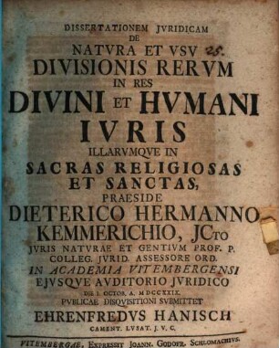 Diss. ... de natura et usu divisionis rerum in res divini et humani iuris