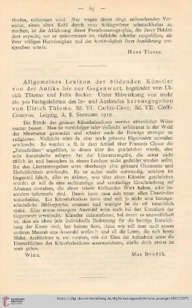 Allgemeines Lexikon der bildenden Künstler von der Antike bis zur Gegenwart. Von Max Dvořák