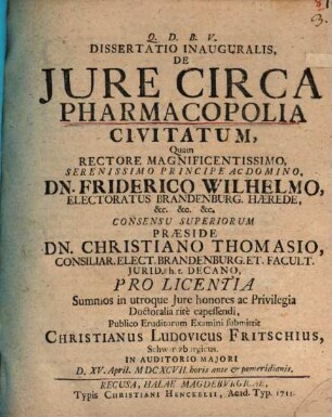 Dissertatio Inauguralis, De Jure Circa Pharmacopolia Civitatum
