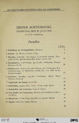 Erster Auktionstag: Dienstag, den 25. Juni 1935, ab 3 Uhr nachmittags (Nr. 1-275)