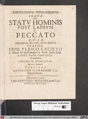 Disputationum Theologicarum Sexta De Statu Hominis Post Lapsum Et Peccato