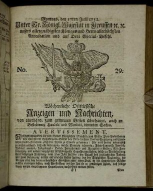 No. 29. Montags, den 17ten Julii 1752.