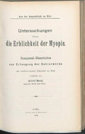 Untersuchungen über die Erblichkeit der Myopie