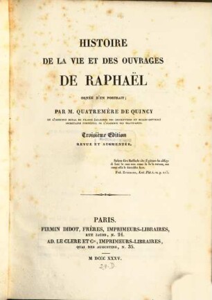 Histoire de la Vie et des Ouvrages de Raphaël : ornée d'un Portrait