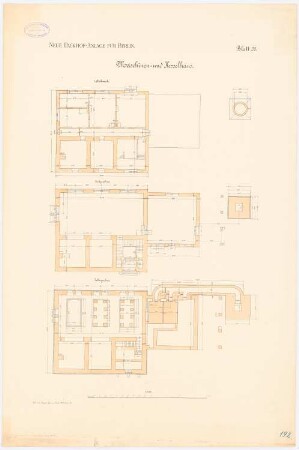 Neue Packhofanlage, Berlin-Moabit: Maschinen- und Kesselhaus: Grundriss Kellergeschoss, Erdgeschoss, 1. Obergeschoss 1:100