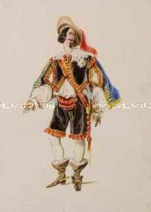 Mann mit weißem Hemd, schwarzer Hose und Weste mit bunten Borten - Tafel aus Franceschini/Kostümbilder (Kassette 1)