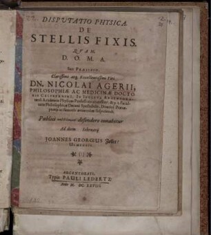 Disputatio Physica. De Stellis Fixis