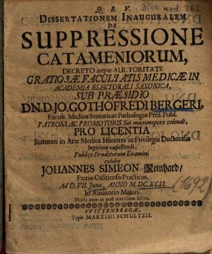 Dissertationem Inauguralem De Suppressione Catameniorum