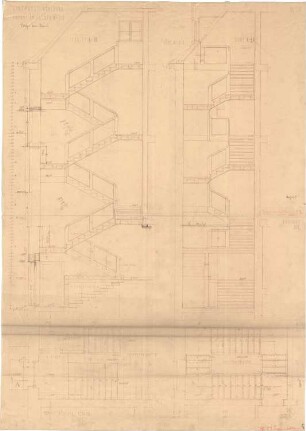 Fischer, Theodor; Würzburg, Münsterplatz; Sparkasse - Treppe im Ostbau (Grundriss, Grundriss 1. OG zum 2. OG, Schnitte)