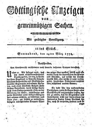 11tes Stück. Sonnabend, den 14ten März 1778.